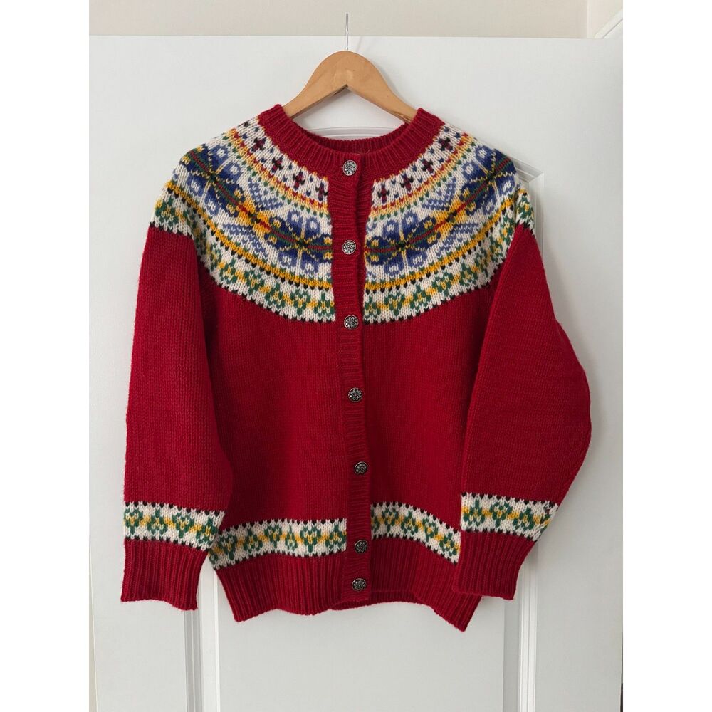 Vintage Susan Bristol 100% Shetland Wool Fair Isle Cardigan Sweater Red Size M